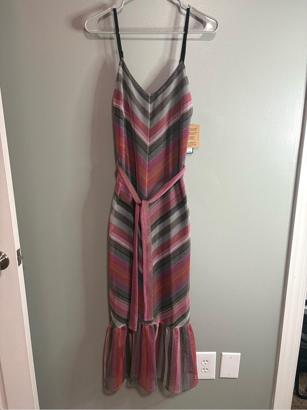 Rachel Rachel Roy Metallic Stripe Sleeveless Midi Dress with Tie Waist NWT Small